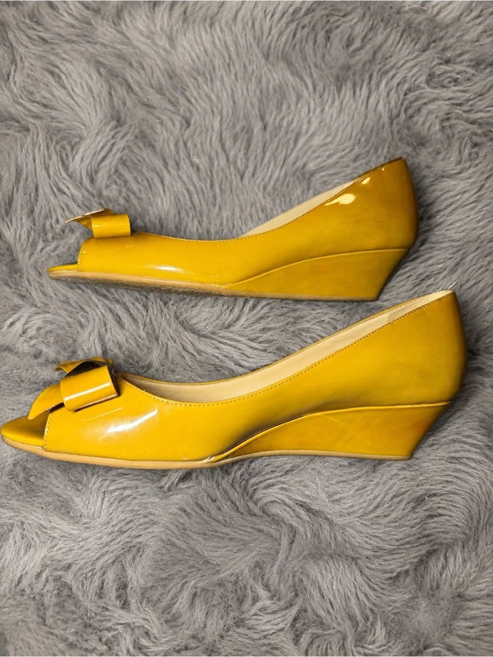 kate spade Brown Patent Peep Toe Flats with Bow & Pyramid Stud
